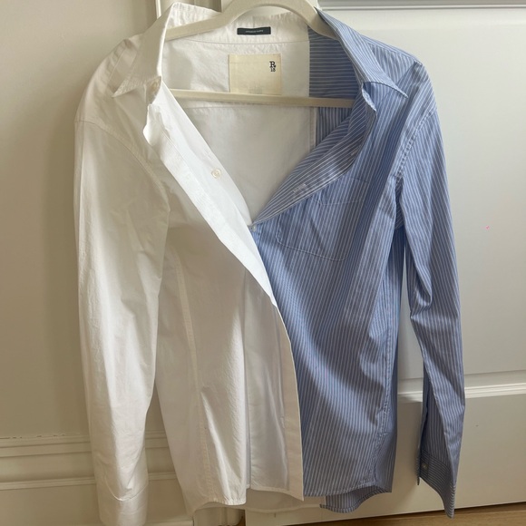 R13 white and blue button down combo shirt open collar - Picture 6 of 8